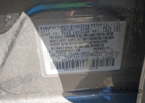 2019 Nissan Sentra S z USA, uszkodzony, nr VIN 3N1AB7AP1KY411678